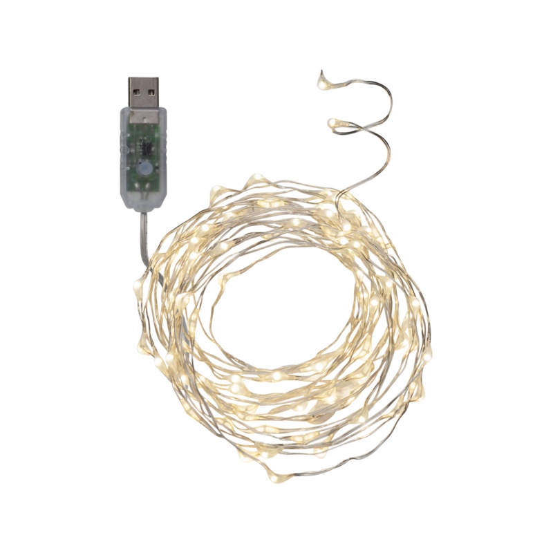 EOL USB Valguskett "Kastetilgad" 100 LED tuld, külm valge, hõbedane. Pikkus 5m, toitejuhe 1m, -pinge 5V DC
