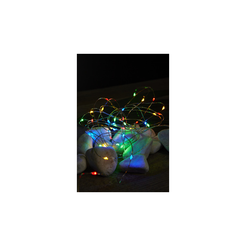 Valguskett Kastepisar 40 LED värvilist tuld, hõbedane, 4m, taimer, patareitoide, IP20