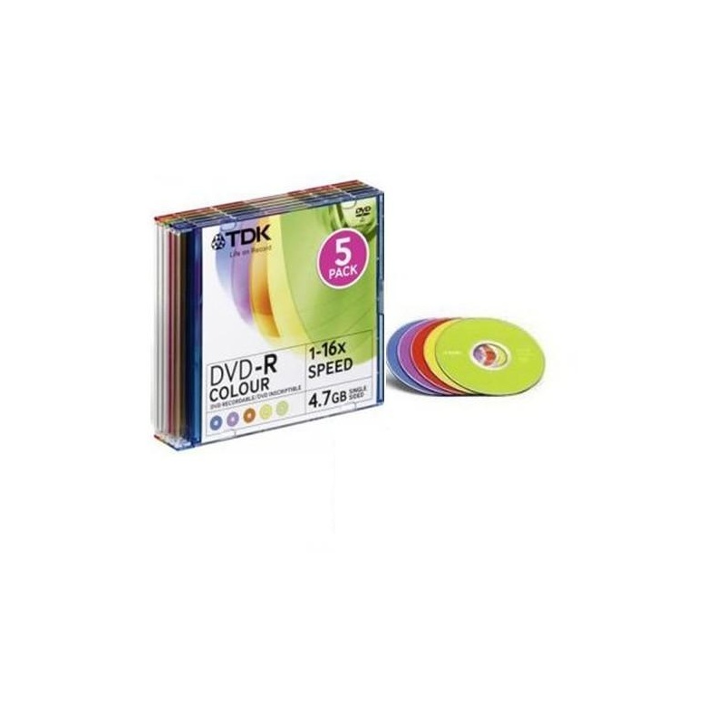 TDK DVD-R 4,7GB/16X Slim,värviline, 5-pakk EOL