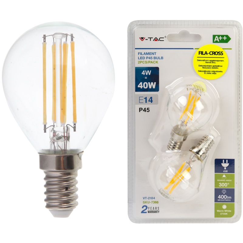 LED lamp 2-pakk E14/4W/400lm/4W/Filament Globe