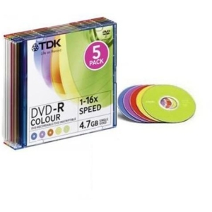 TDK DVD-R 4,7GB/16X Slim,värviline, 5-pakk EOL