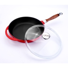 LAVA Cast iron pan, Ø28, wooden handle + glass lid, enamelled, red