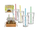 Drinking glasses set on wooden base with straw and plastic lid, 4x 275ml, Summer Party
