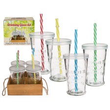 Drinking glasses set on wooden base with straw and plastic lid, 4x 275ml, Summer Party