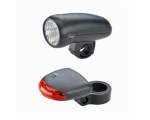 Battery set with lights. White headlight (10LUX) and LED tail light. Headlight: 5 x AA batteries Rear light: 2 x AA batteries